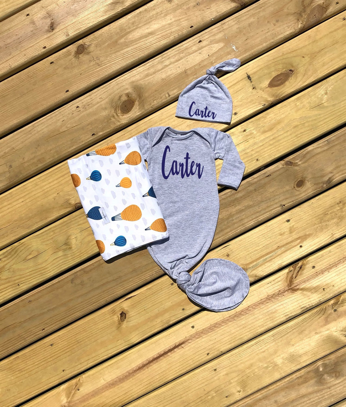 Personalized Baby Boy Knotted Gown Set: Gray Adventure Awaits Outfit