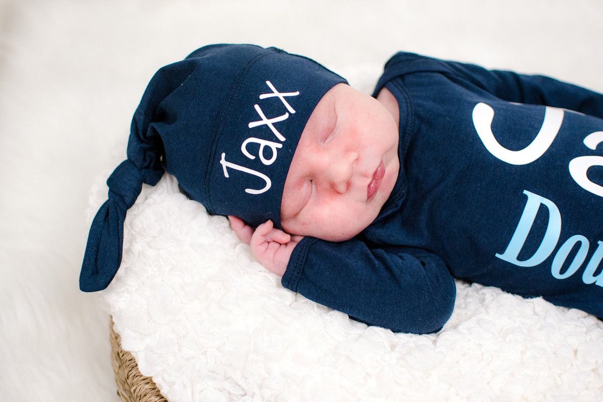Personalized Newborn Boy Knotted Gown: Navy Baby Coming Home Outfit