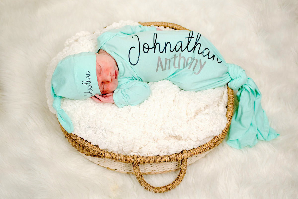 Personalized Newborn Knotted Gown: Mint Baby Boy Coming Home Outfit