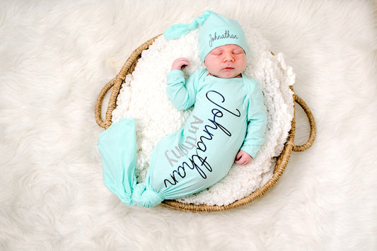 Personalized Newborn Knotted Gown: Mint Baby Boy Coming Home Outfit