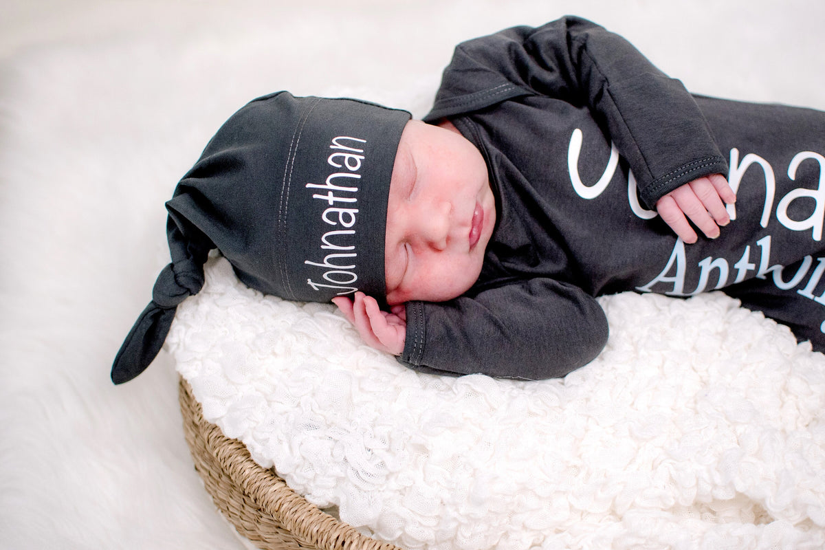 Personalized Newborn Knotted Gown and Hat Set: Baby Boy Coming Home Outfit