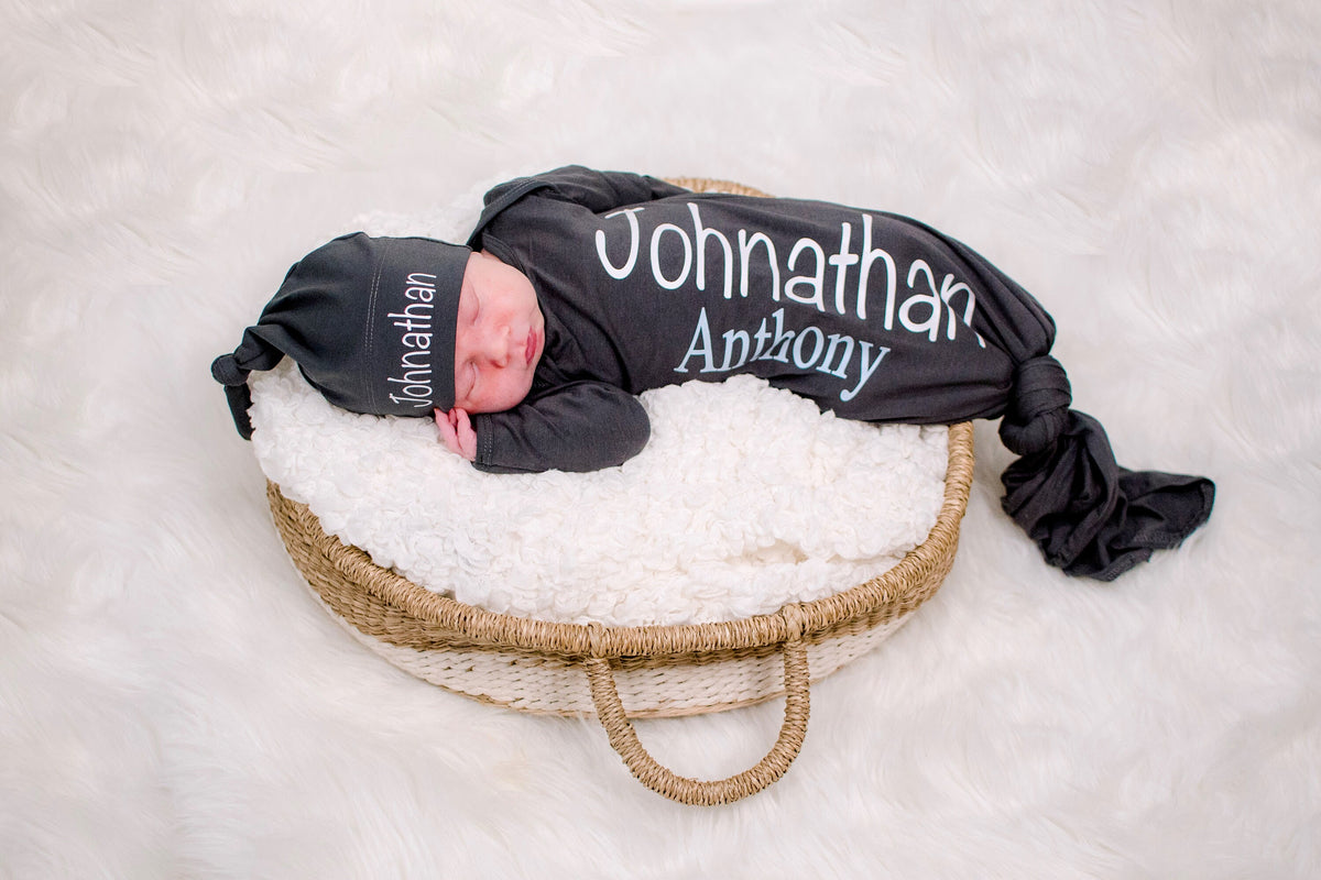 Personalized Newborn Knotted Gown and Hat Set: Baby Boy Coming Home Outfit