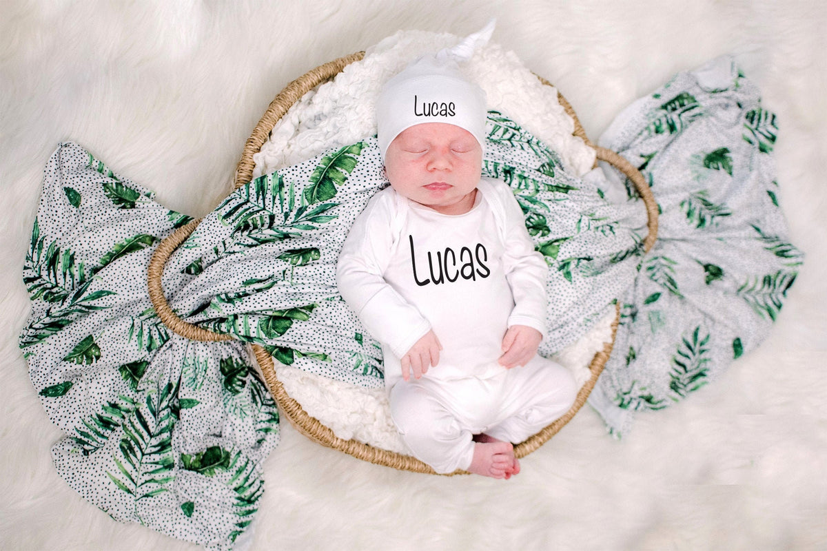 Personalized Newborn Romper Set: Greenery Palm Leaf Swaddle Blanket