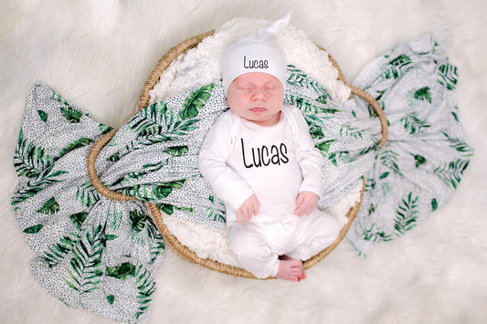 Personalized Newborn Romper Set: Greenery Palm Leaf Swaddle Blanket