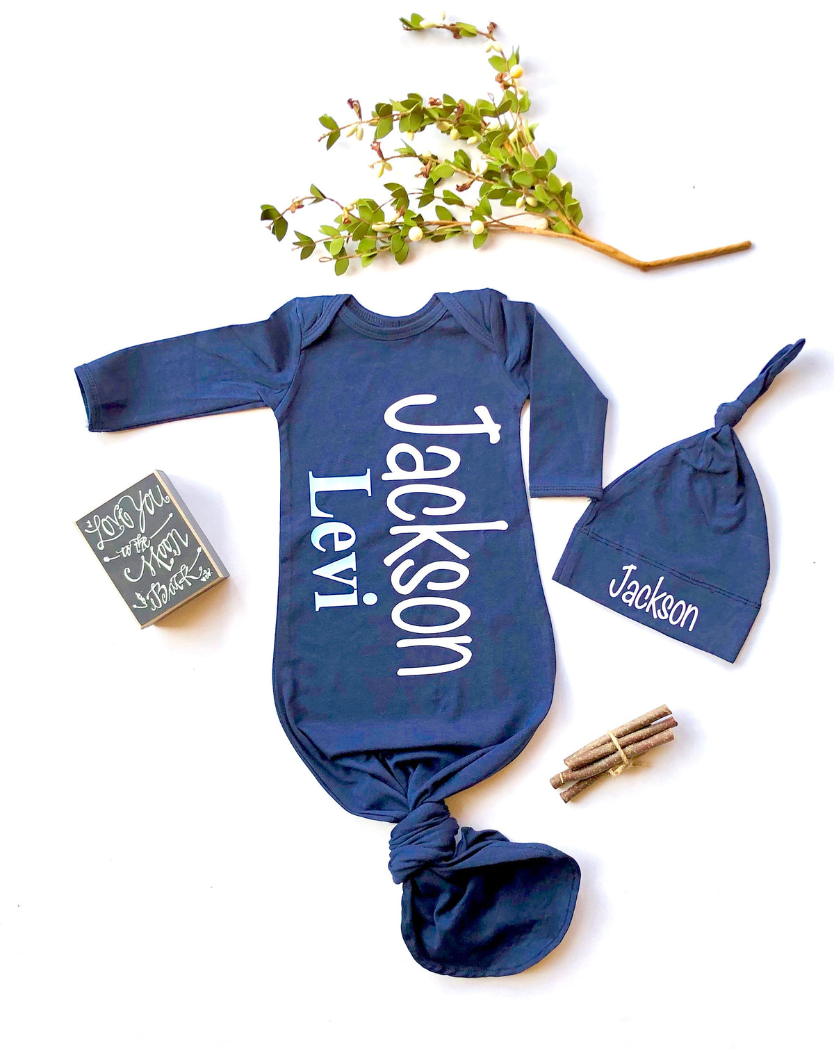 Personalized Newborn Boy Knotted Gown: Navy Baby Coming Home Outfit