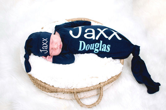Personalized Newborn Boy Knotted Gown: Navy Baby Coming Home Outfit