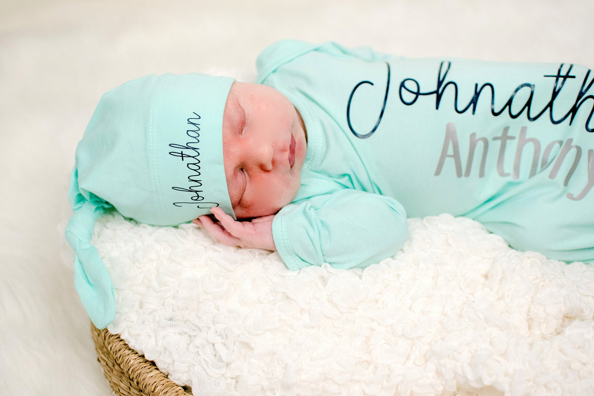 Personalized Newborn Knotted Gown: Mint Baby Boy Coming Home Outfit