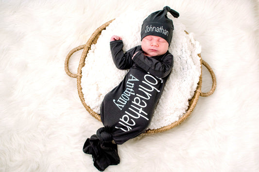 Personalized Newborn Knotted Gown and Hat Set: Baby Boy Coming Home Outfit
