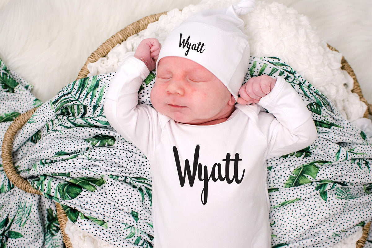 Personalized Newborn Romper Set: Greenery Palm Leaf Swaddle Blanket