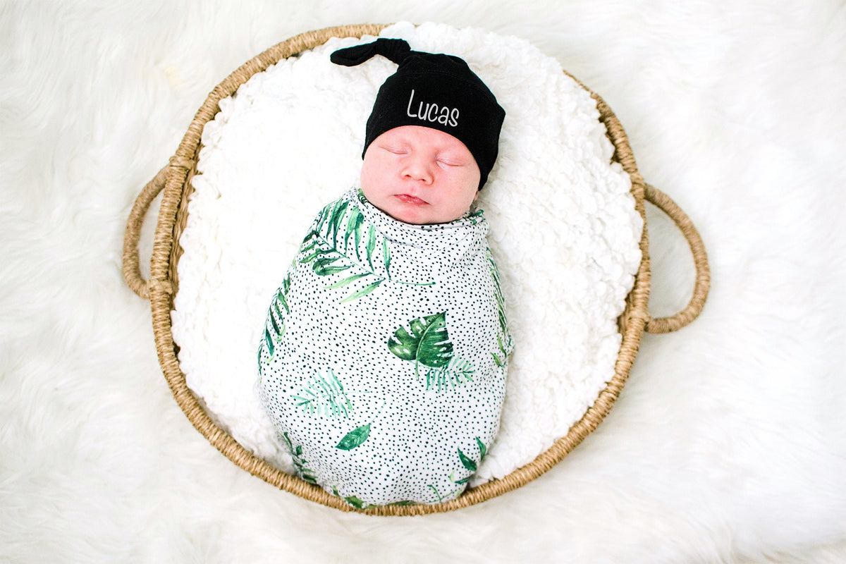 Personalized Newborn Romper Set: Greenery Palm Leaf Swaddle Blanket