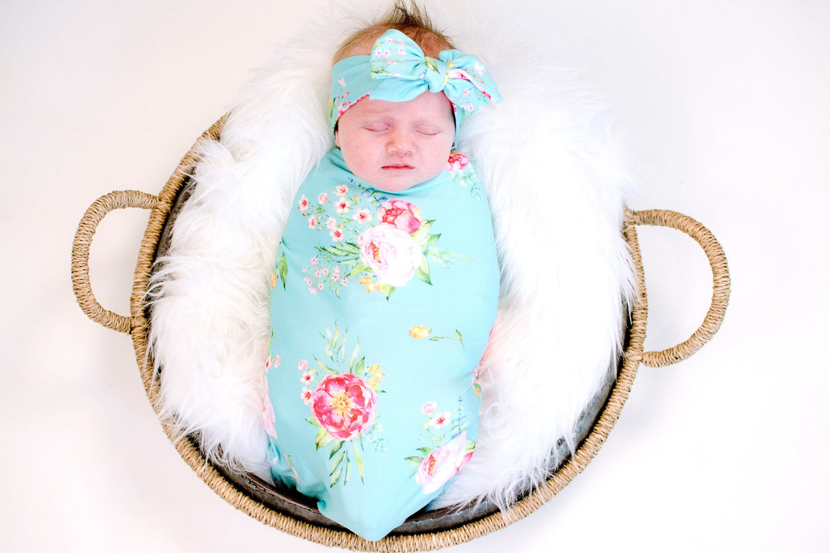Aqua Floral Swaddle Set Girl, Newborn Baby Girl Coming Home Outfit, Swaddle Blanket Receiving Blanket Headband Baby Shower Gift