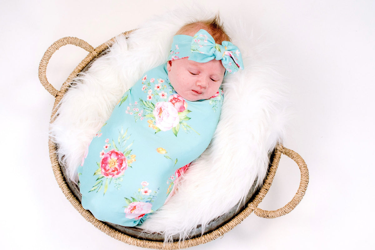 Aqua Floral Swaddle Set Girl, Newborn Baby Girl Coming Home Outfit, Swaddle Blanket Receiving Blanket Headband Baby Shower Gift