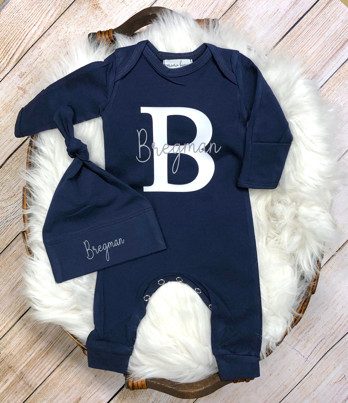 Monogram Baby Boy Coming Home Outfit: Personalized Newborn Romper & Hat