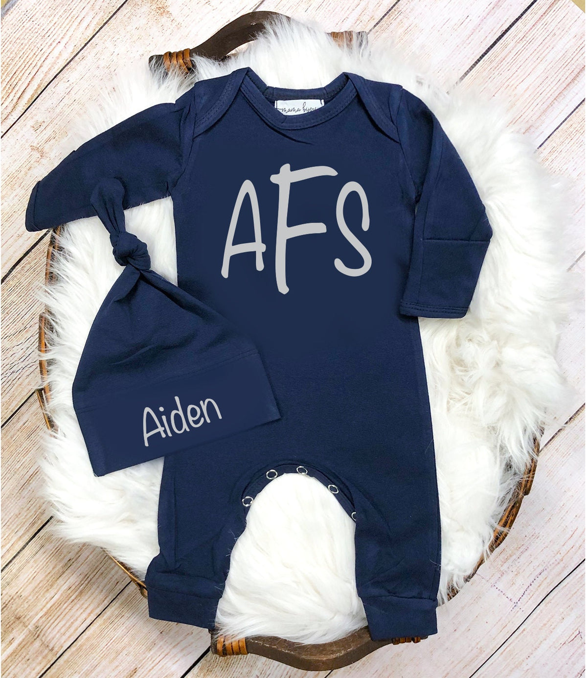 Monogram Baby Boy Romper: Personalized Newborn Outfit & Hat