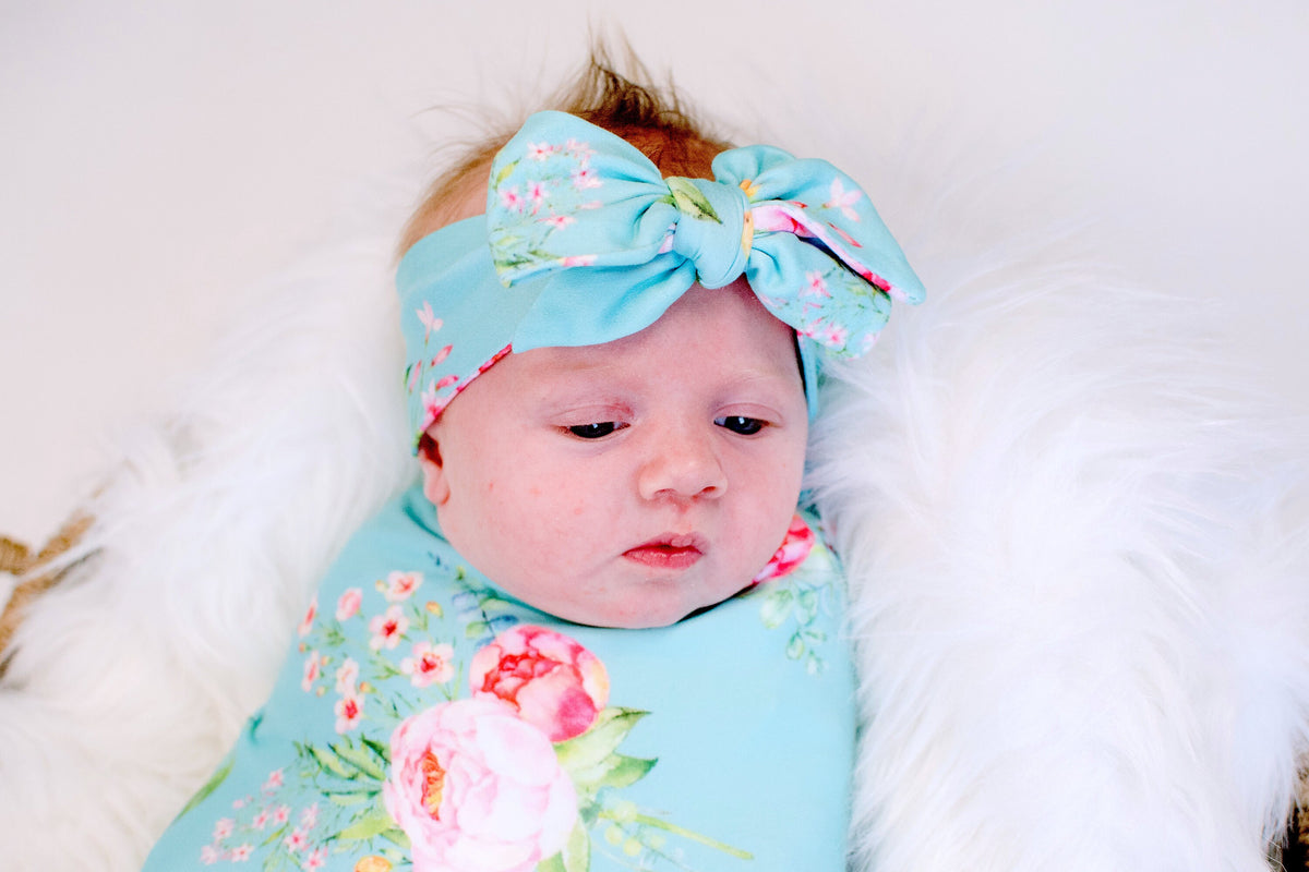 Aqua Floral Swaddle Set Girl, Newborn Baby Girl Coming Home Outfit, Swaddle Blanket Receiving Blanket Headband Baby Shower Gift