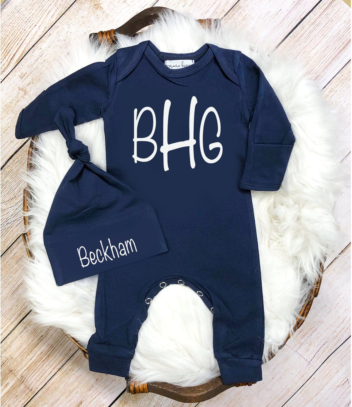 Monogram Baby Boy Romper: Personalized Newborn Outfit & Hat