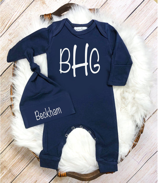 Monogram Baby Boy Romper: Personalized Newborn Outfit & Hat