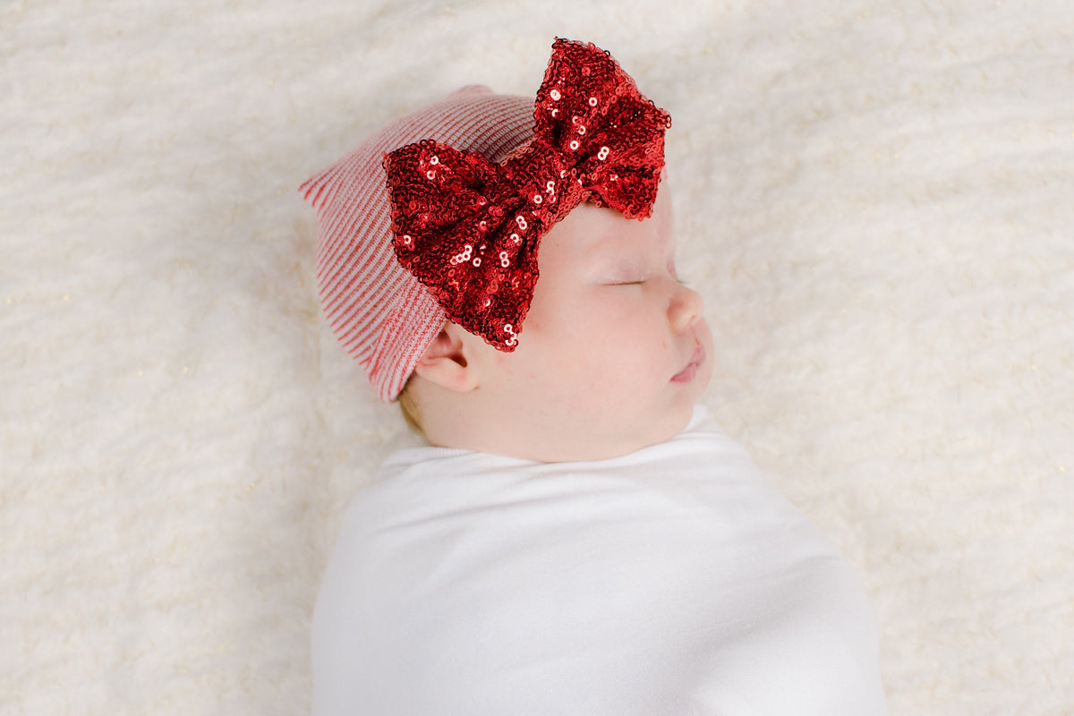 Red Newborn Hat Girl: Sequin Bow Baby Beanie