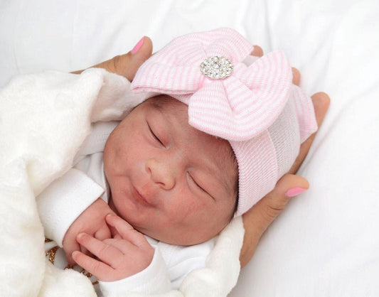 Newborn Girl Hospital Hat: Pink Striped Baby Beanie with Rhinestone Bow