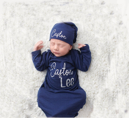 Newborn Boy Coming Home Outfit Baby Boy Clothes Personalize Baby Shower Gift Knotted Gown Newborn Boy Take Home Clothing