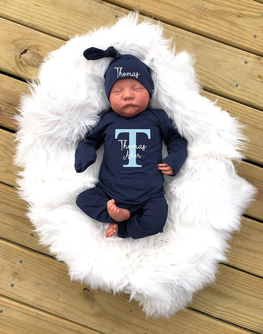 Personalized Newborn Boy Coming Home Outfit: Navy Cotton Romper Set