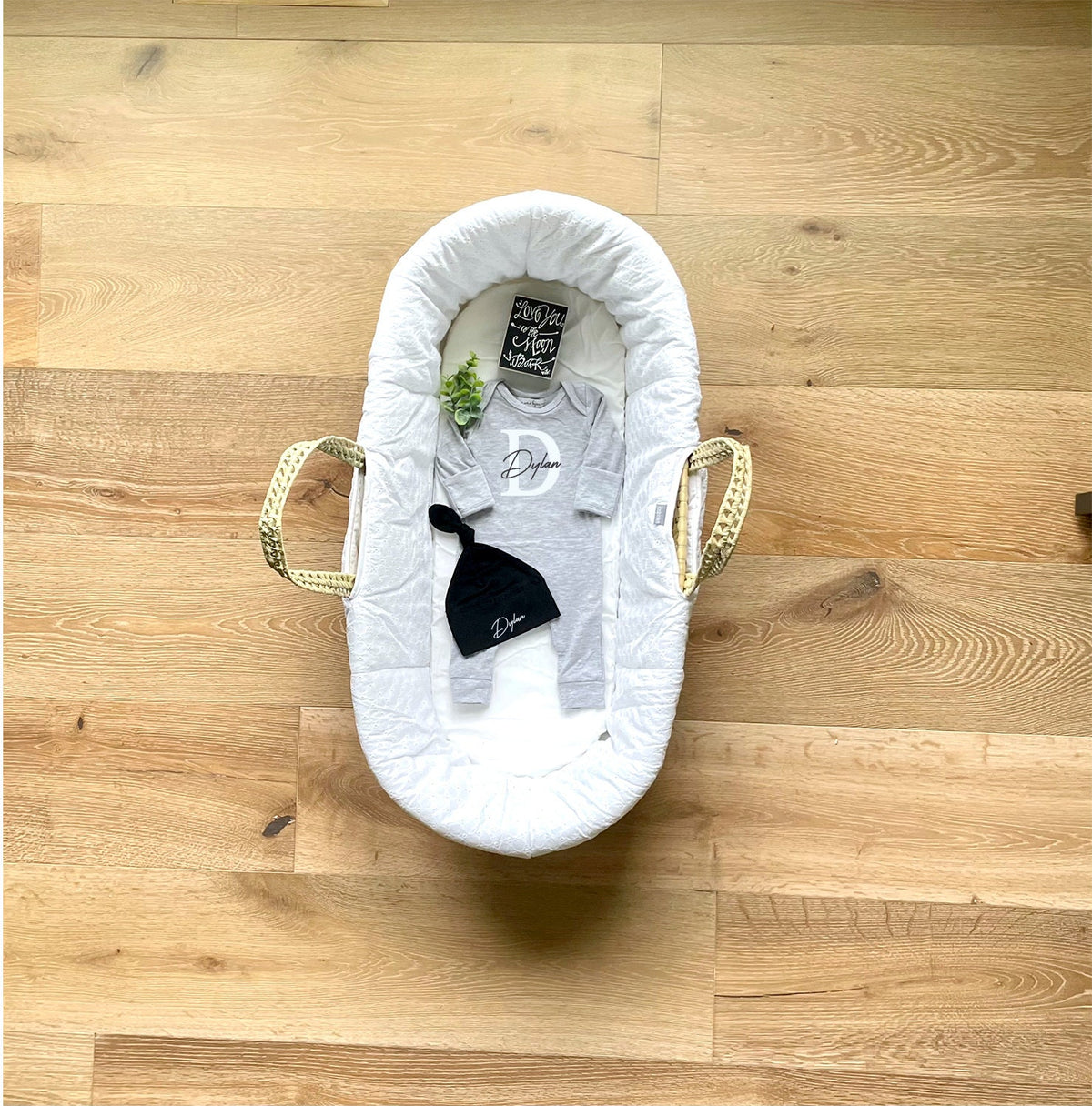 Personalized Baby Boy Coming Home Outfit: Gray Romper, Black Hat