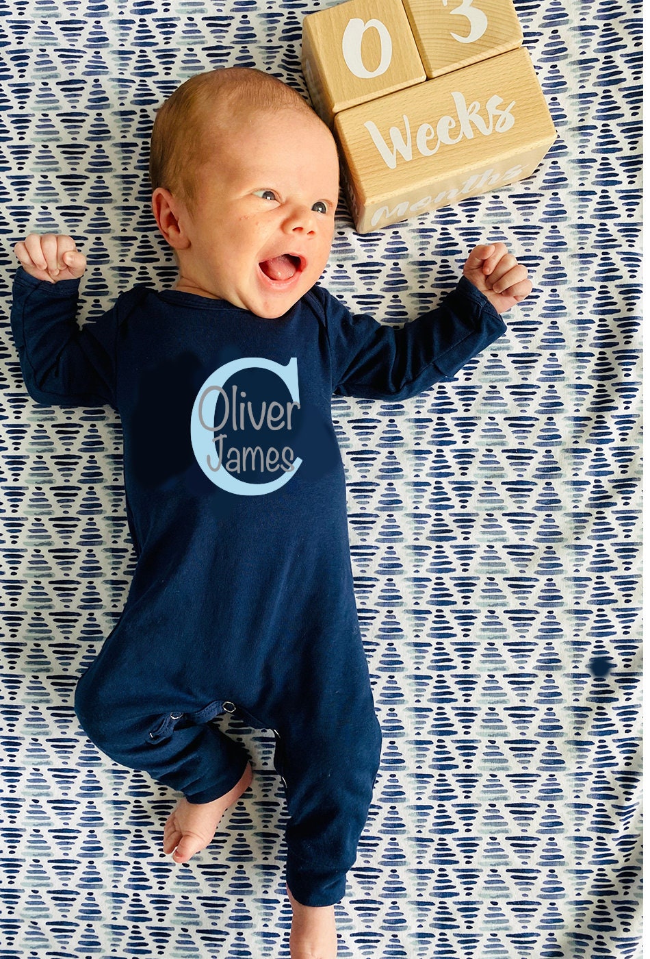 Personalized Newborn Boy Coming Home Outfit: Navy Cotton Romper Set