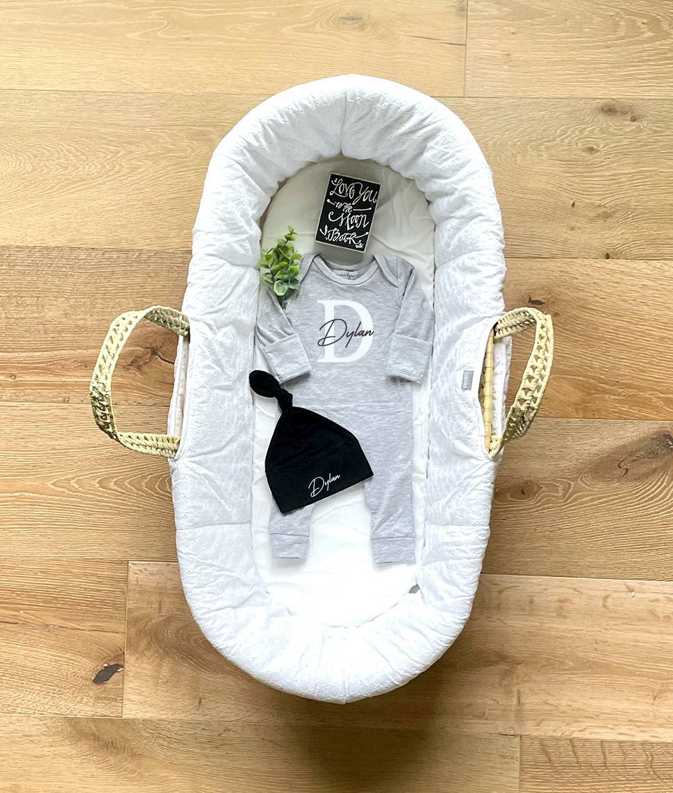 Personalized Baby Boy Coming Home Outfit: Gray Romper, Black Hat