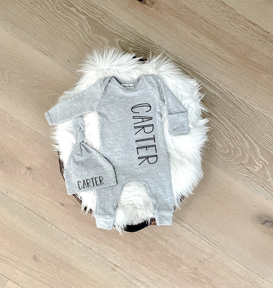 Personalized Newborn Boy Romper: Heather Gray Coming Home Outfit