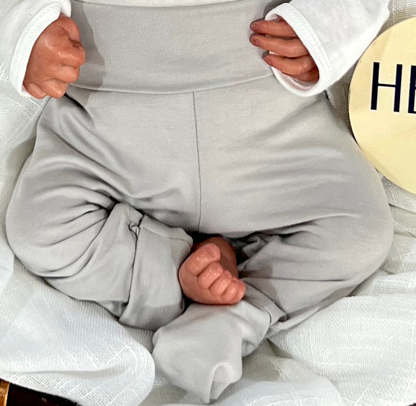 Personalized Newborn Boy Outfit: Gray Footed Pants, Knotted Hat