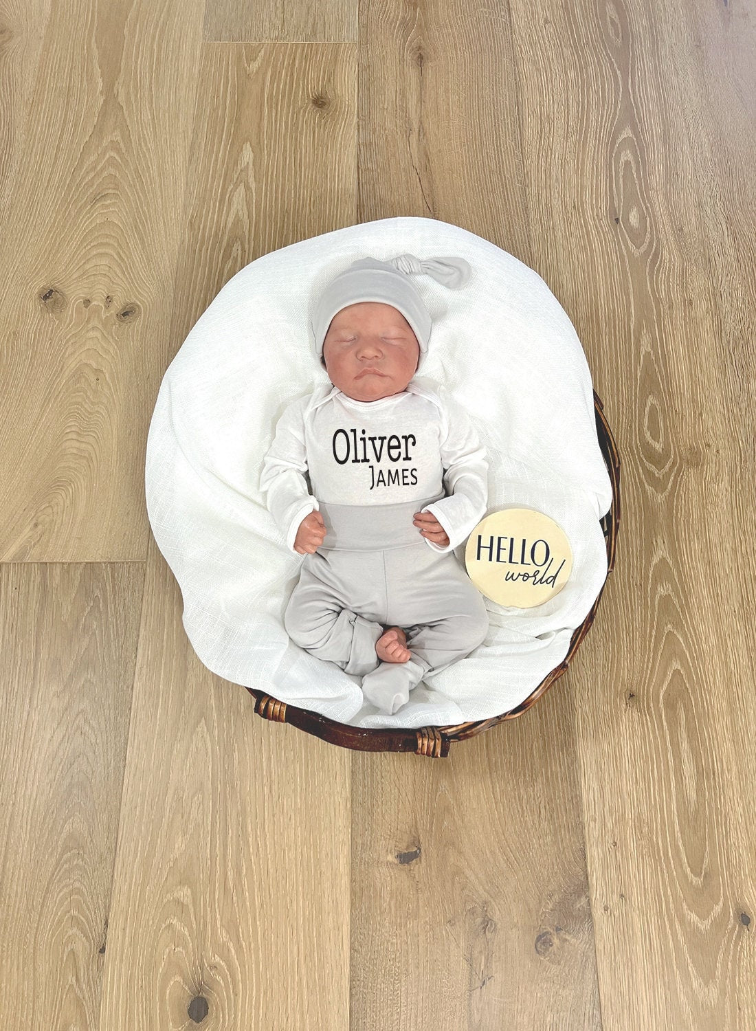 Personalized Newborn Boy Outfit: Gray Footed Pants, Knotted Hat