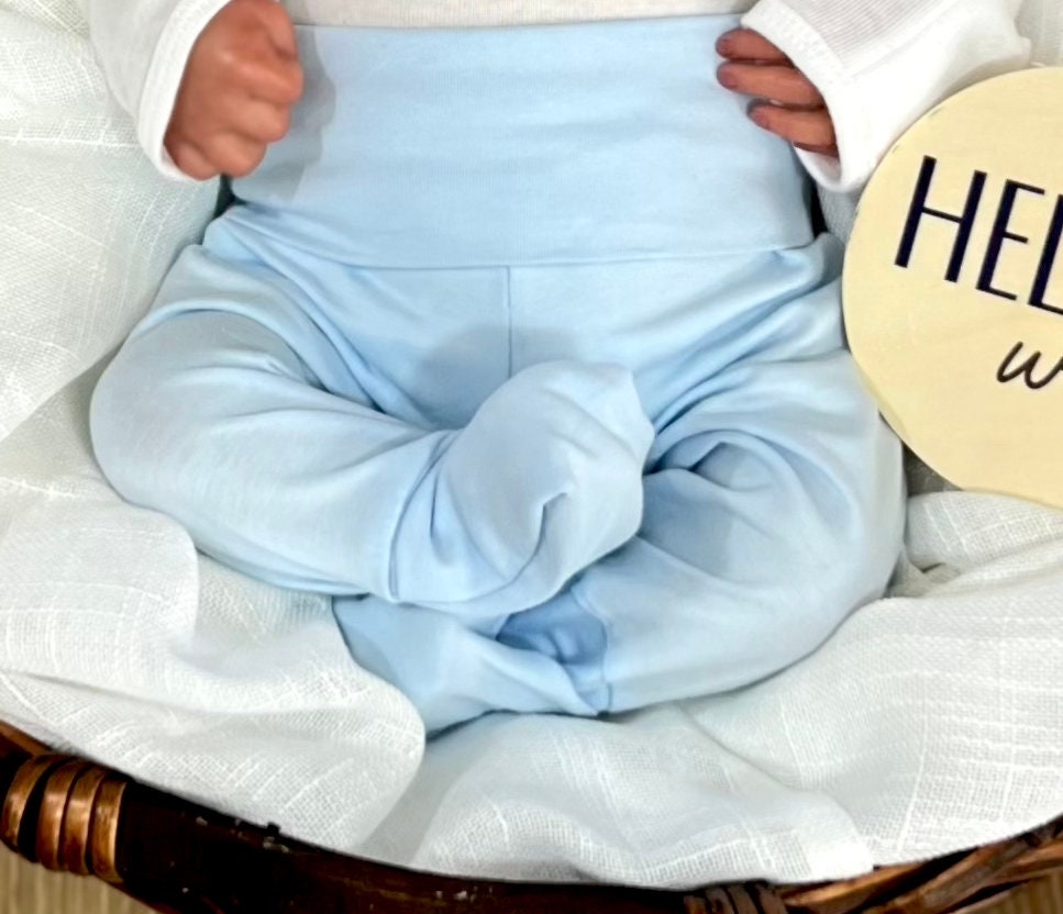 Personalized Newborn Boy Coming Home Outfit: Light Blue Pants & Knotted Hat