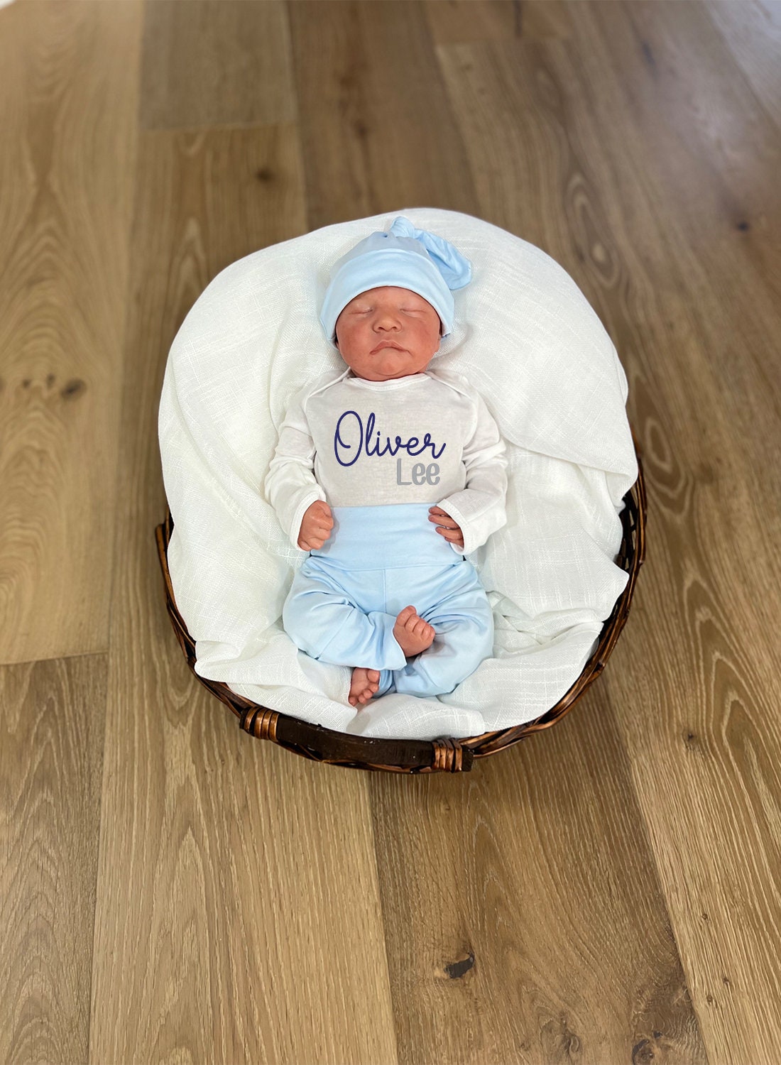 Personalized Newborn Boy Coming Home Outfit: Light Blue Pants & Knotted Hat