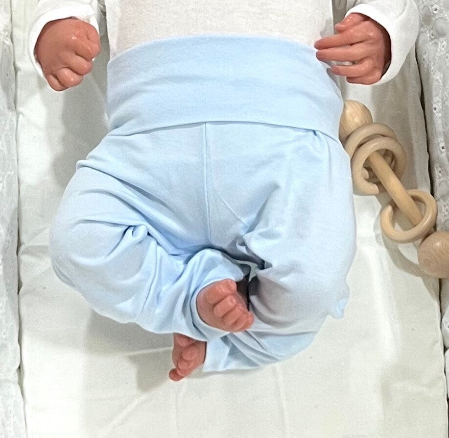 Personalized Newborn Boy Coming Home Outfit: Light Blue Pants & Knotted Hat