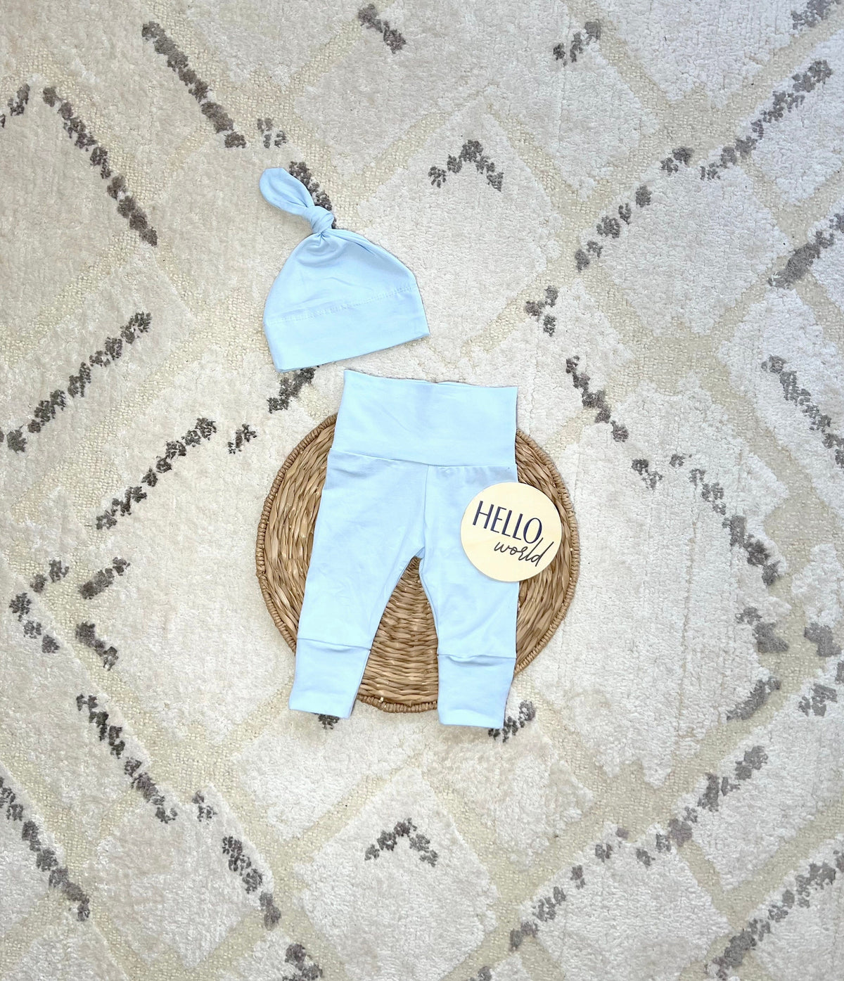 Personalized Newborn Boy Coming Home Outfit: Light Blue Pants & Knotted Hat
