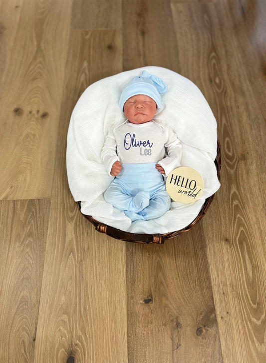 Personalized Newborn Boy Coming Home Outfit: Light Blue Pants & Knotted Hat