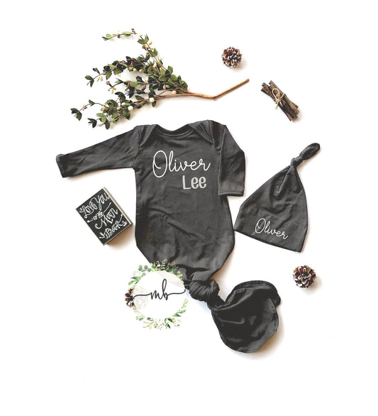Personalized Newborn Boy Knotted Gown: Cotton Coming Home Outfit
