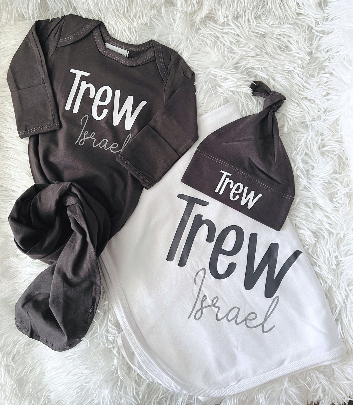 Personalized Newborn Boy Coming Home Outfit: Knotted Gown, Hat & Blanket