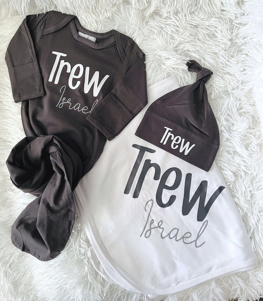 Personalized Newborn Boy Coming Home Outfit: Knotted Gown, Hat & Blanket