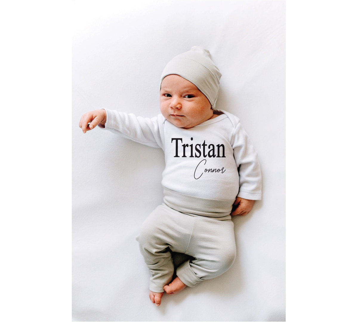 Personalized Baby Boy Coming Home Outfit: Gray Pants Set