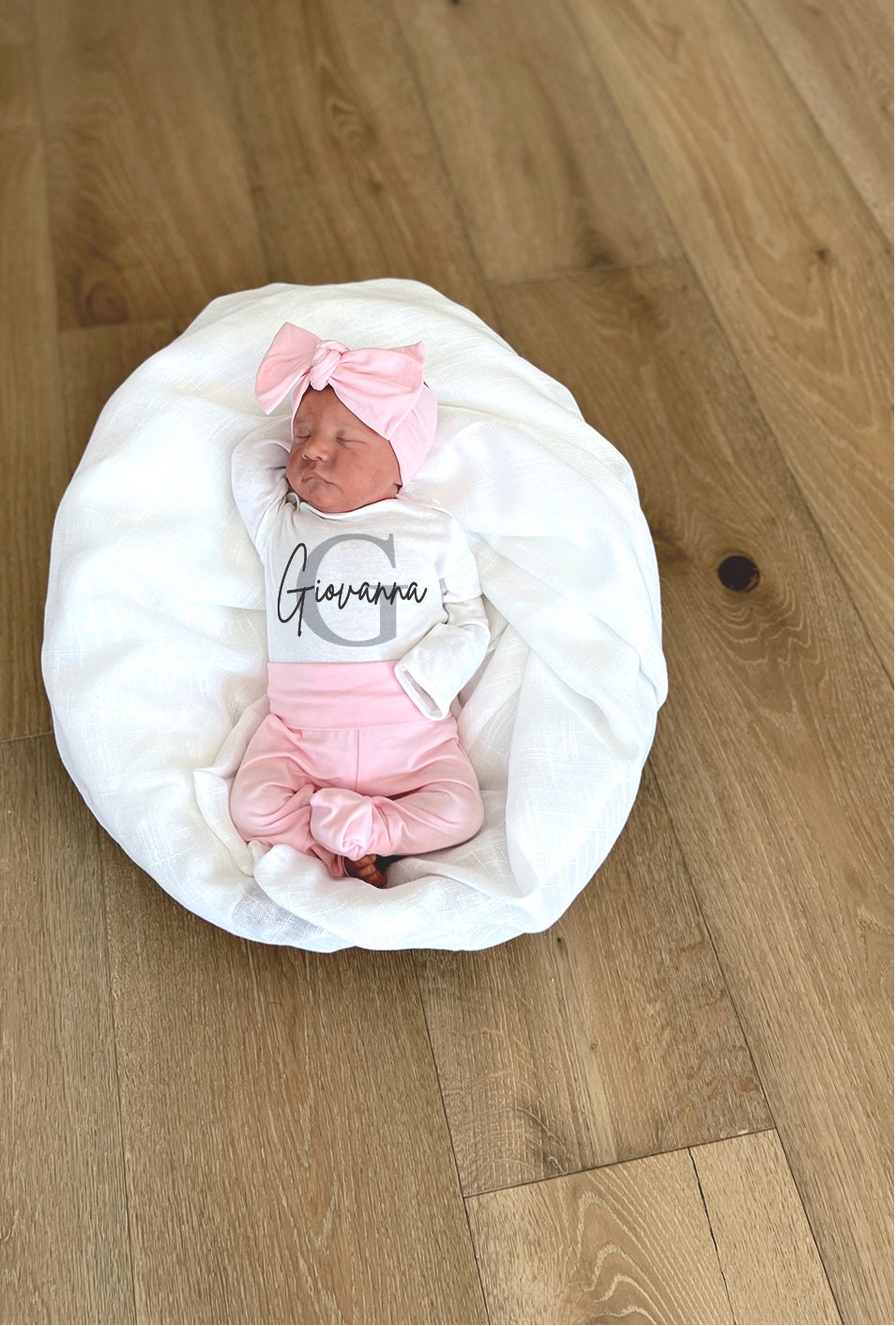 Personalized Newborn Girl Outfit: Pink Pants Set, Monogrammed Bodysuit