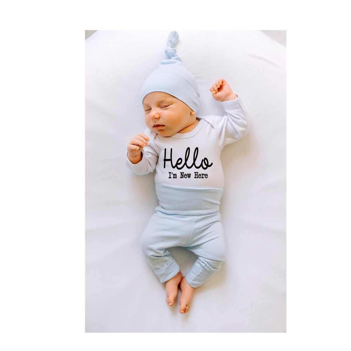 Newborn Boy Coming Home Outfit: "Hello I'm New Here" Personalized Pants Set