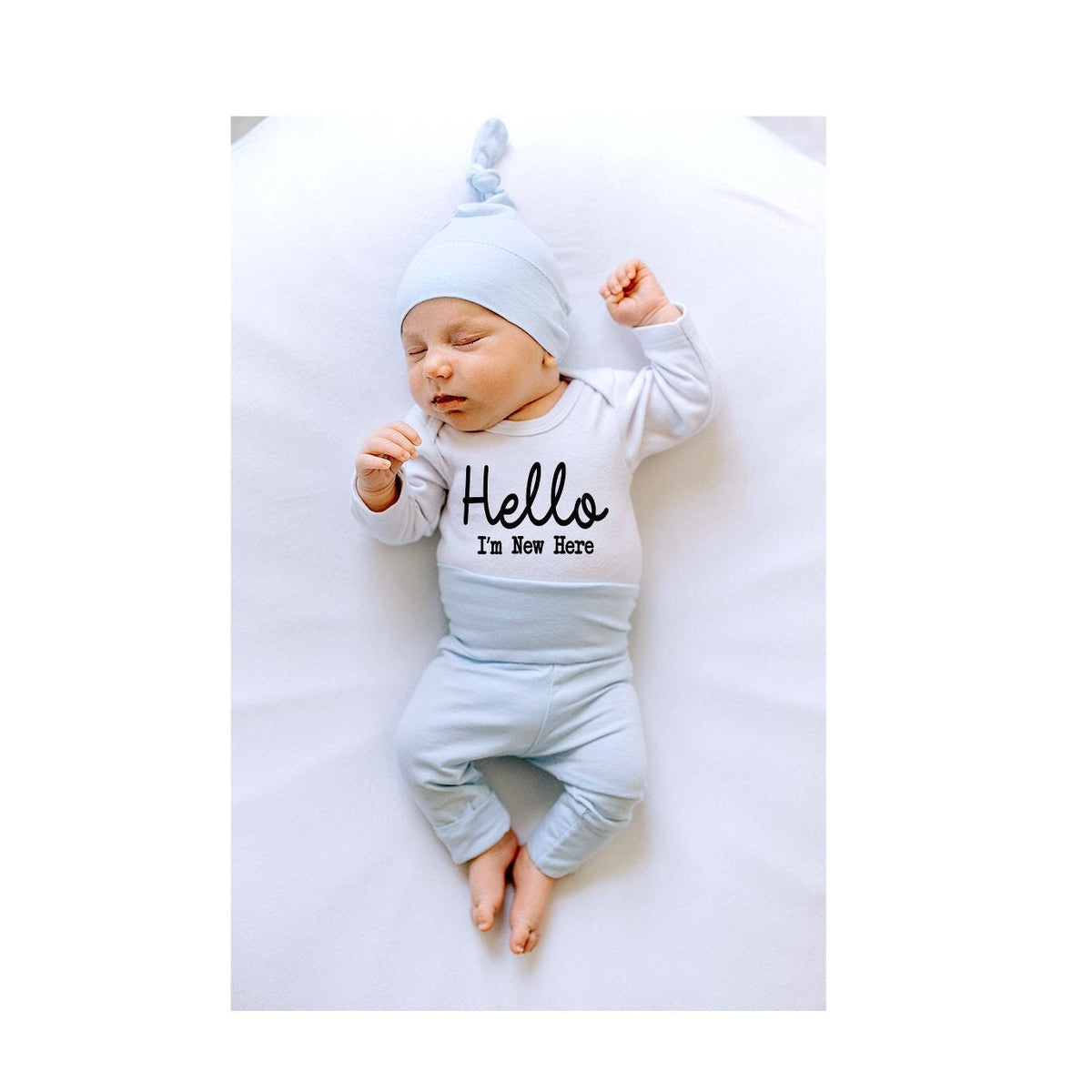 Newborn Boy Coming Home Outfit: "Hello I'm New Here" Personalized Pants Set