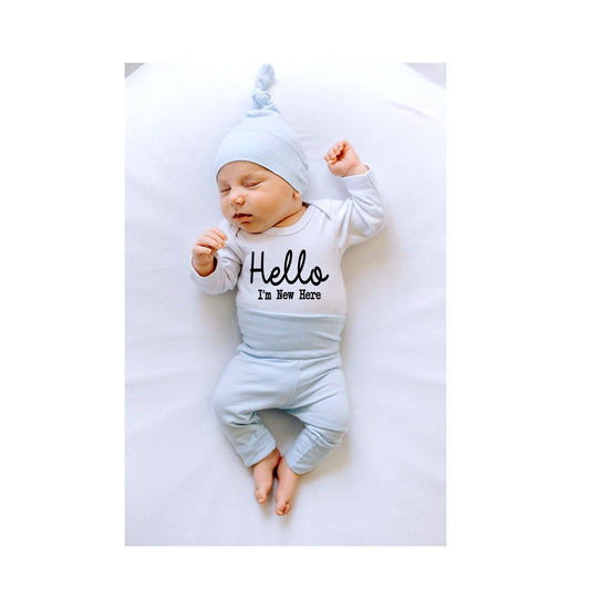 Newborn Boy Coming Home Outfit: "Hello I'm New Here" Personalized Pants Set
