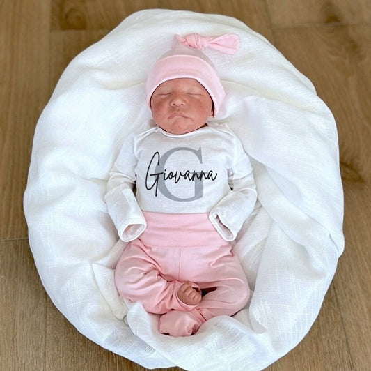 Personalized Newborn Girl Outfit: Pink Pants Set, Monogrammed Bodysuit