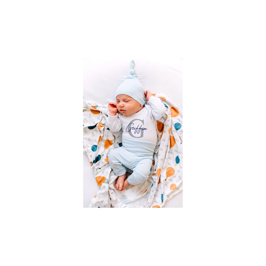 Personalized Newborn Boy Outfit: Hot Air Balloon Swaddle, Blue Pants Set