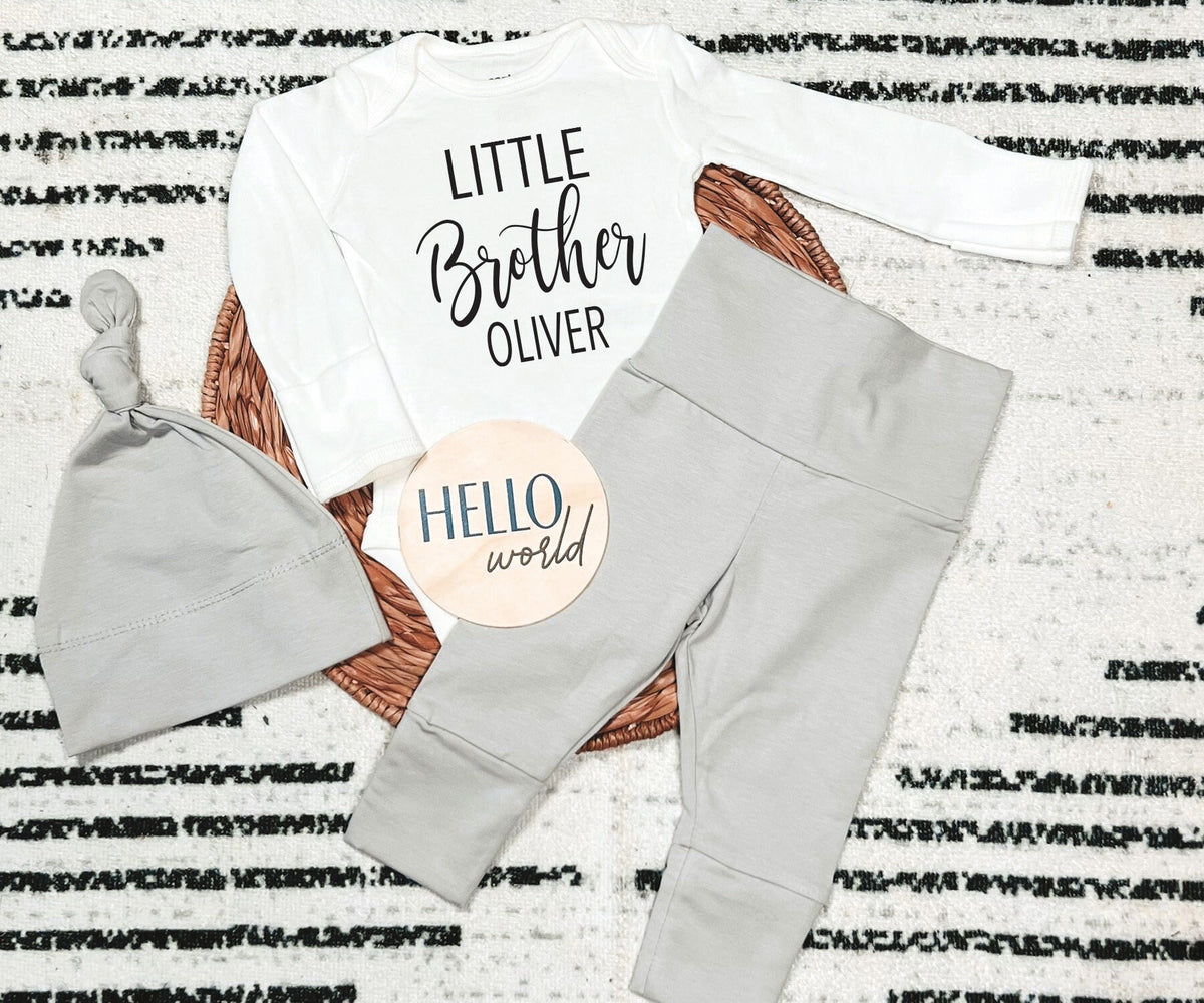 Personalized Newborn Boy Coming Home Outfit: Little Brother Bodysuit, Gray Pants & Hat