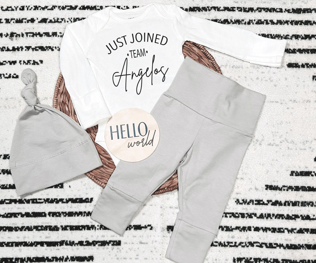 Personalized Newborn Outfit: "Just Joined Team" Bodysuit, Gray Pants & Hat