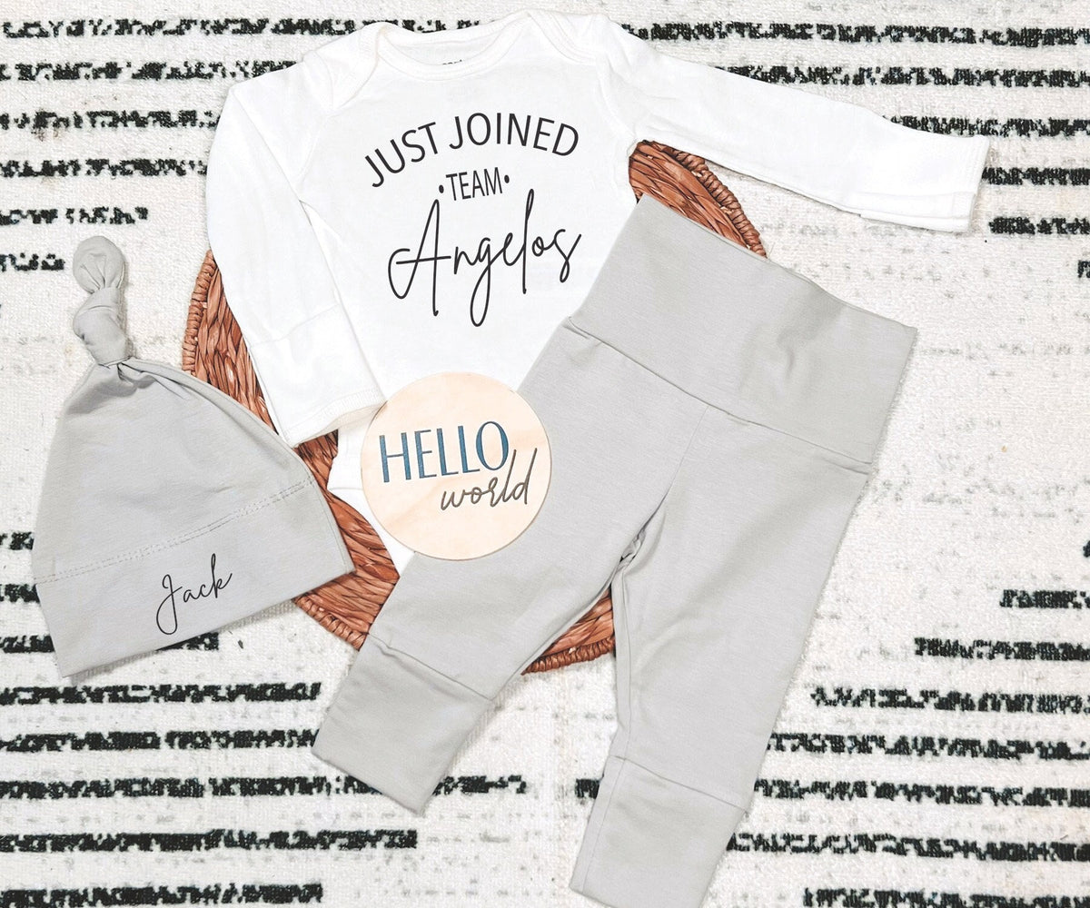 Personalized Newborn Outfit: "Just Joined Team" Bodysuit, Gray Pants & Hat