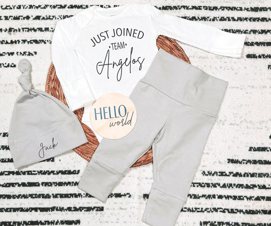Personalized Newborn Outfit: "Just Joined Team" Bodysuit, Gray Pants & Hat